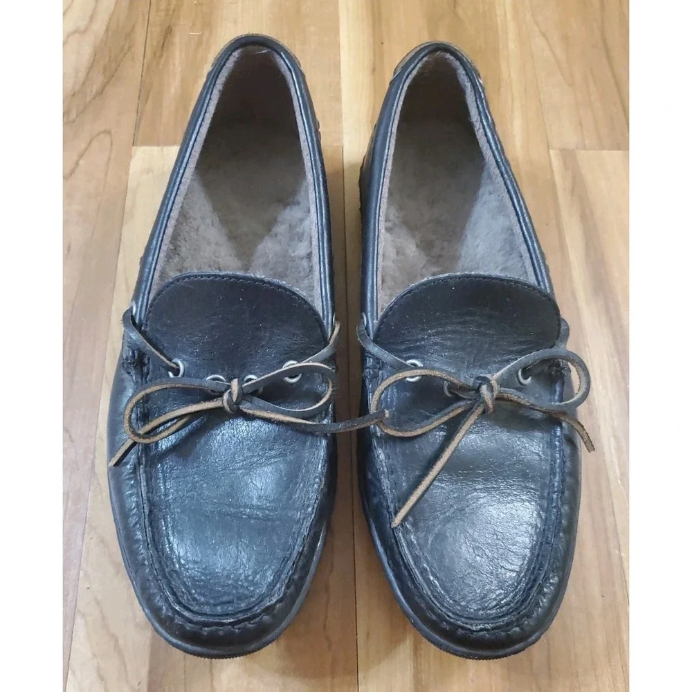 Frye Reagan Campus Driver Sz 9.5 Mens Sherpa Lined Leather Moccasin Black Gray
